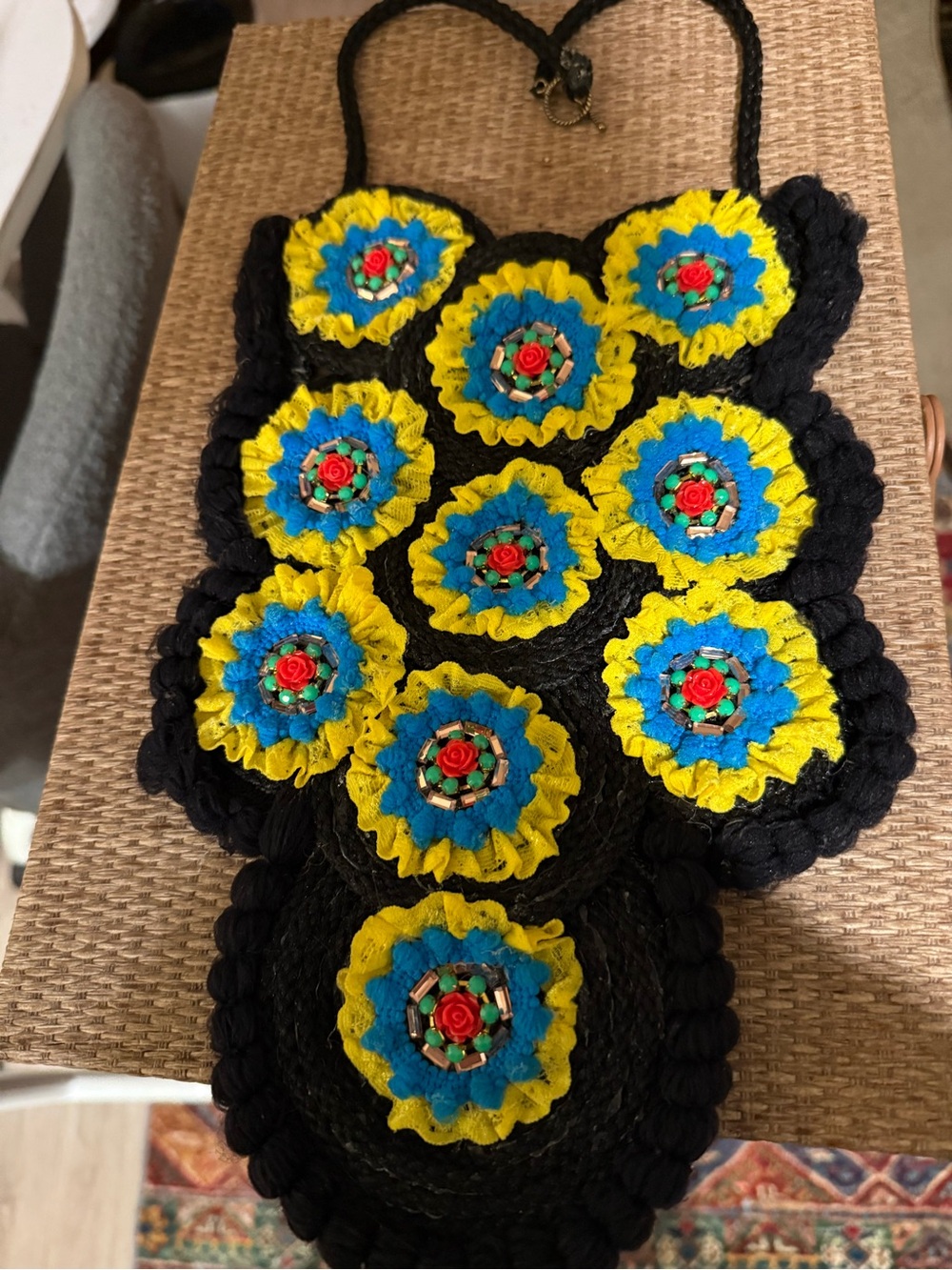 Handmade Craft Black Crochet Necklace with Yellow & Turquoise Floral Accents